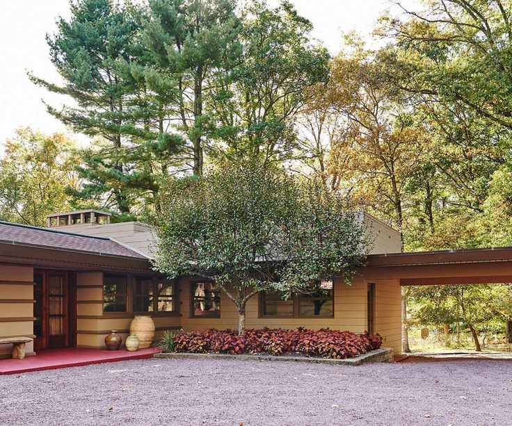 Midcentury modern bungalow with yellow exterior, trees and terracotta pots