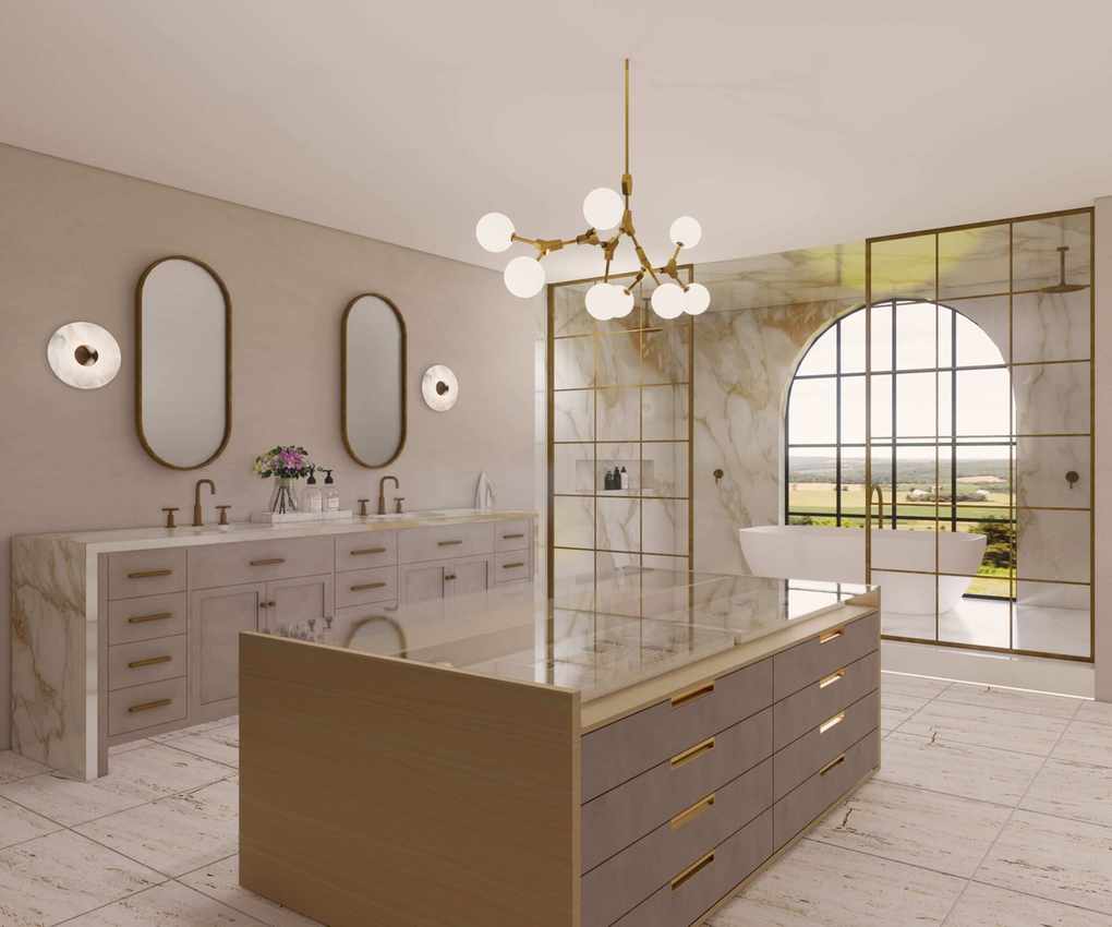A warm neutral bathroom with a statement island for storage