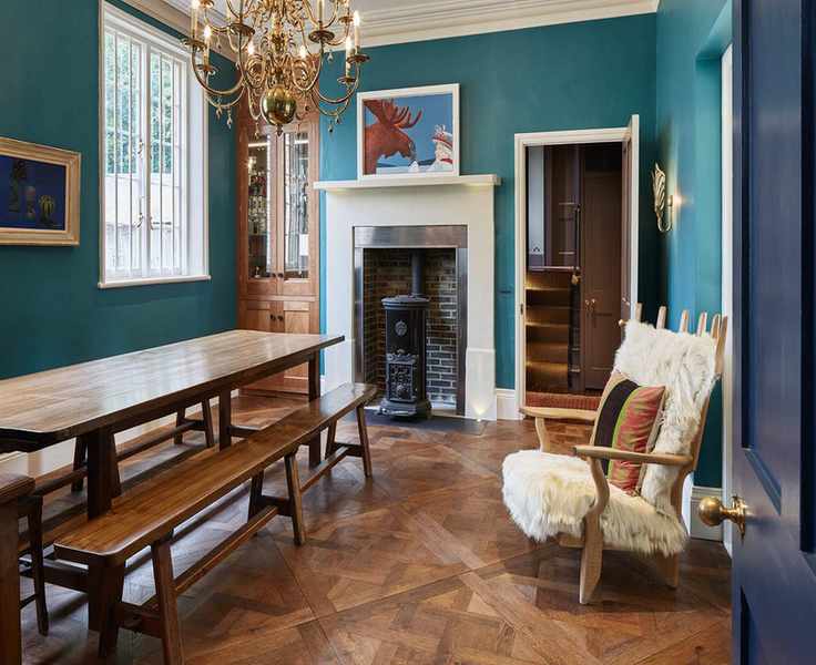 Dining room with table and benches and hardwood floor from Havwoods