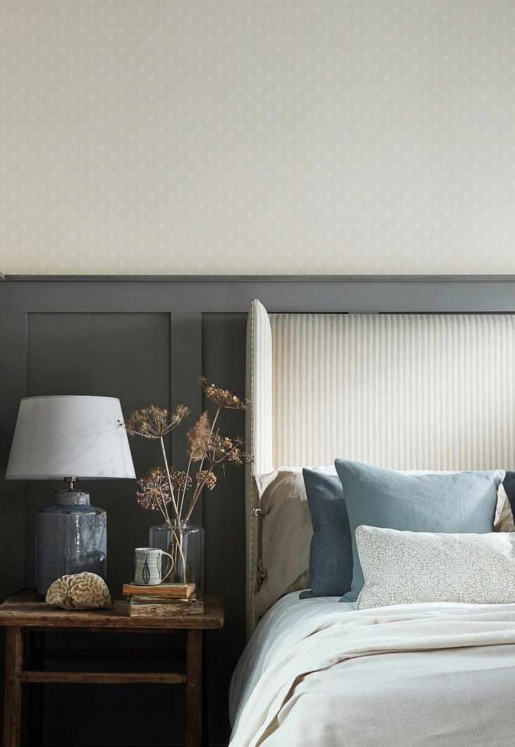 Cottage bedroom showcasing paneling and wallpaper