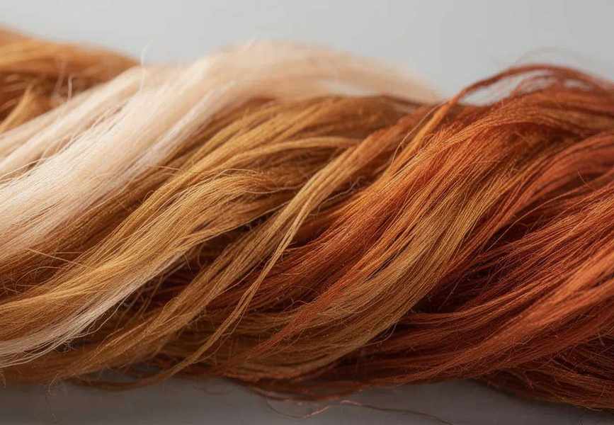 An assortment of natural silk fibers displays a beautiful gradient of colors ranging from cream to golden brown to rich copper tones, showcasing the diversity of silk production. These silk fibers are derived from various sources, including mulberry silk and wild silk, highlighting their natural sheen and texture.