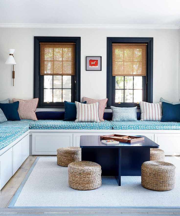 Family room with low-level storage seating