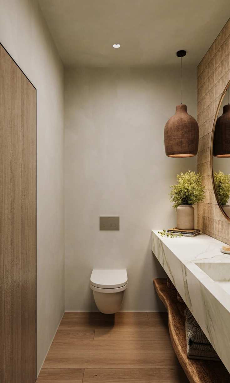 japandi beach house powder bath design minimalist toilet