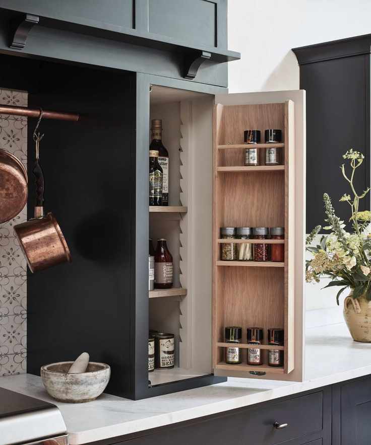 Spices organized in kitchen cabinet