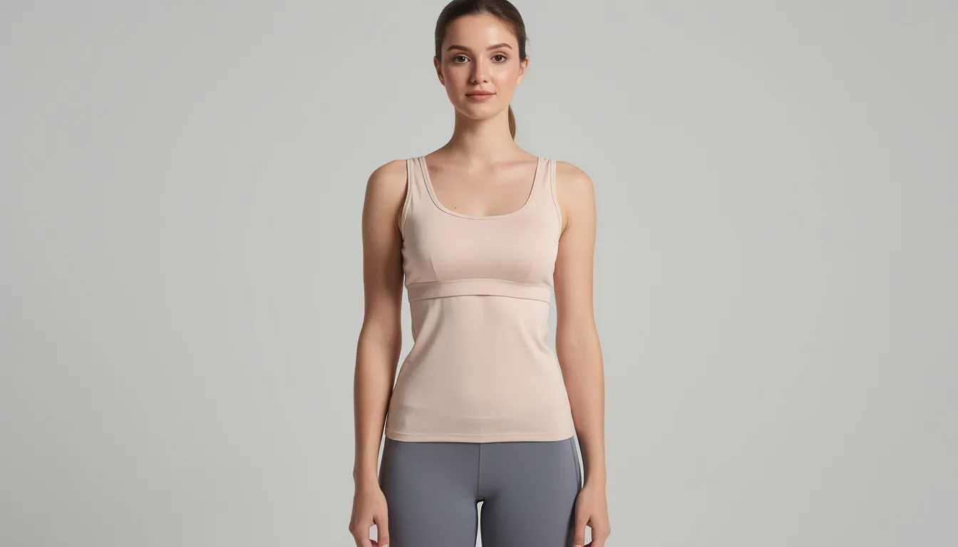 A woman stands straight with good posture, wearing a comfortable t-shirt bra that fits properly, emphasizing her bust size. The bra's center panel sits snugly against her chest, highlighting the significance of wearing the correct size for optimal support and comfort.