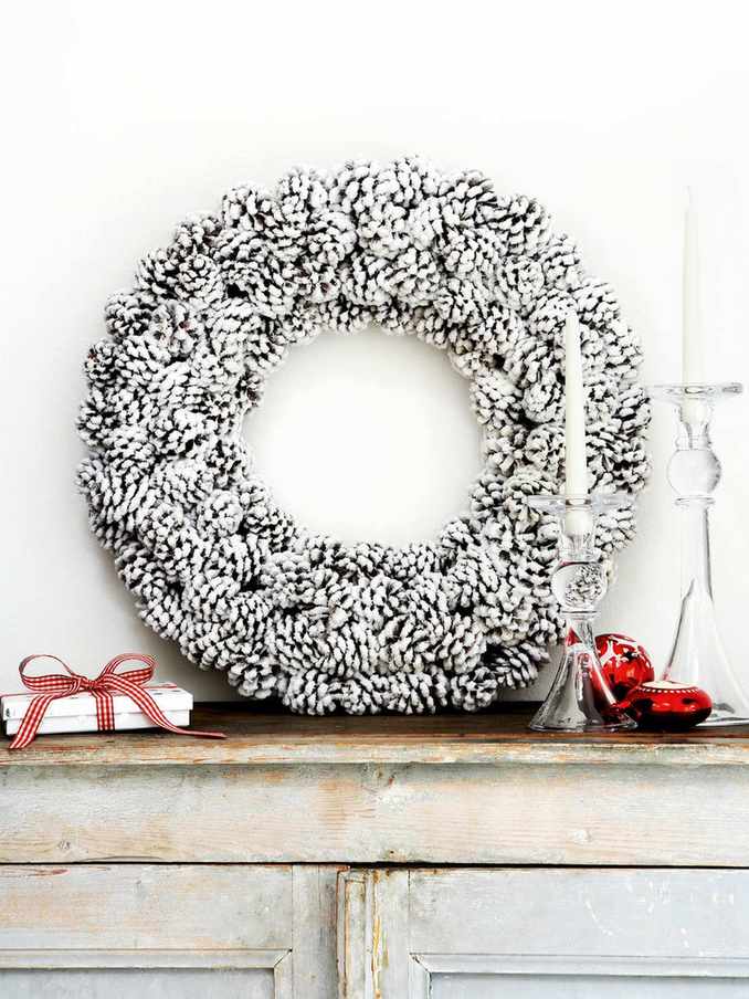 Wreath made from white painted pine cones