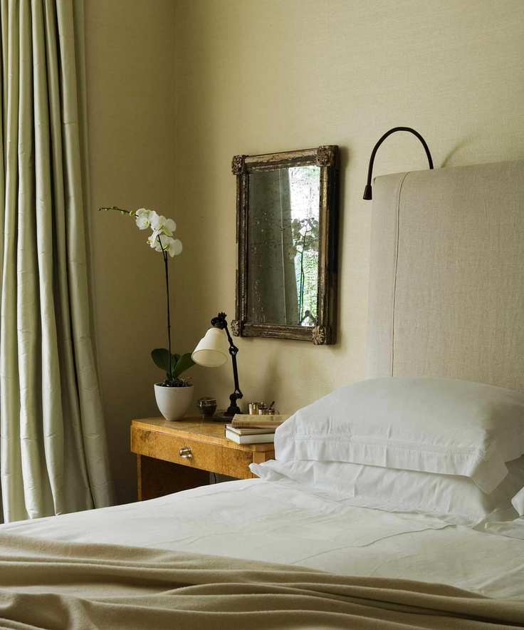 bedroom in neutral color scheme with potted orchid next to bed