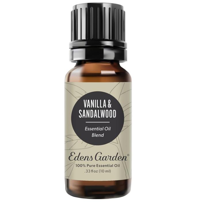 a product photo of the Edens Garden Vanilla Sandalwood Essential Oil Blend- 100% Pure Premium Grade, Undiluted bottle from Amazon