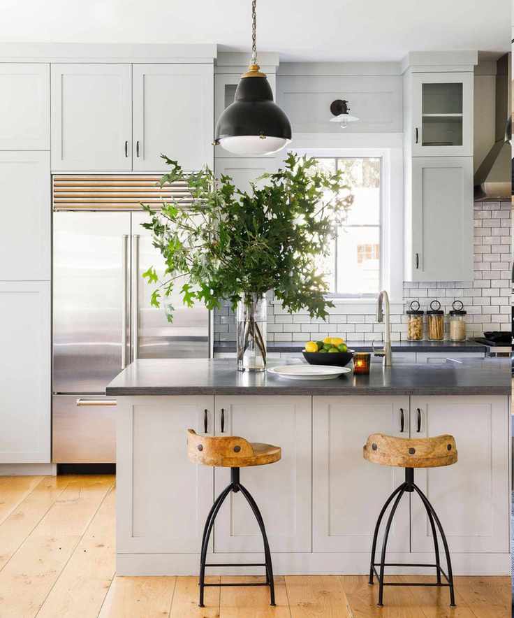 White Shaker-style kitchen with an island and black vintage pendant lamps