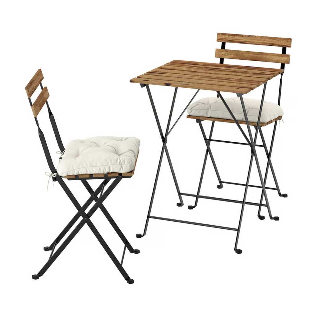 a bistro set with white cushions