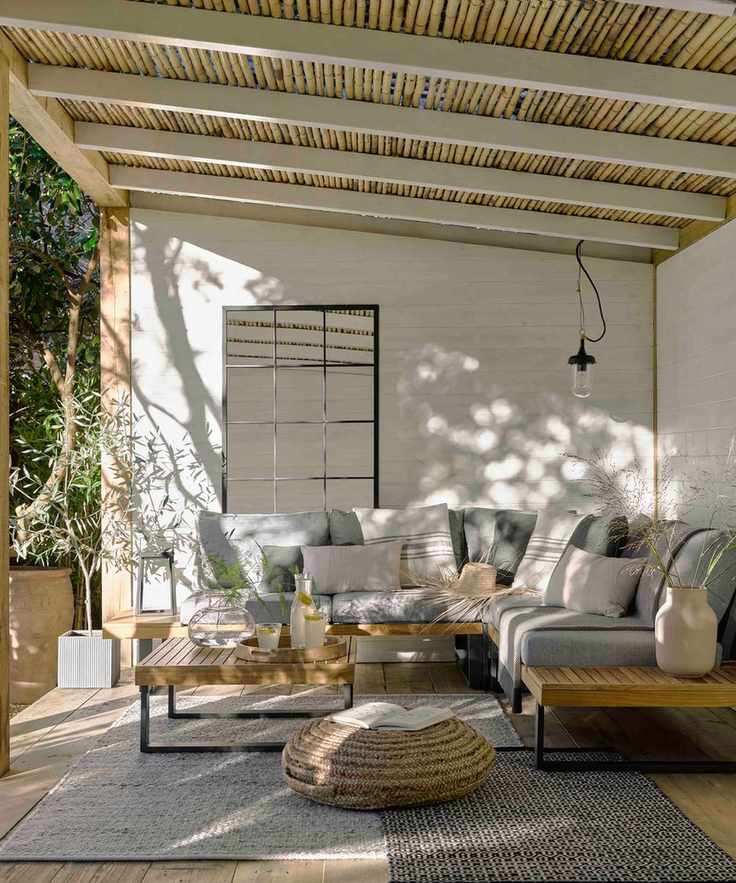 Outdoor space showcasing a bamboo ceiling with modern furnishings