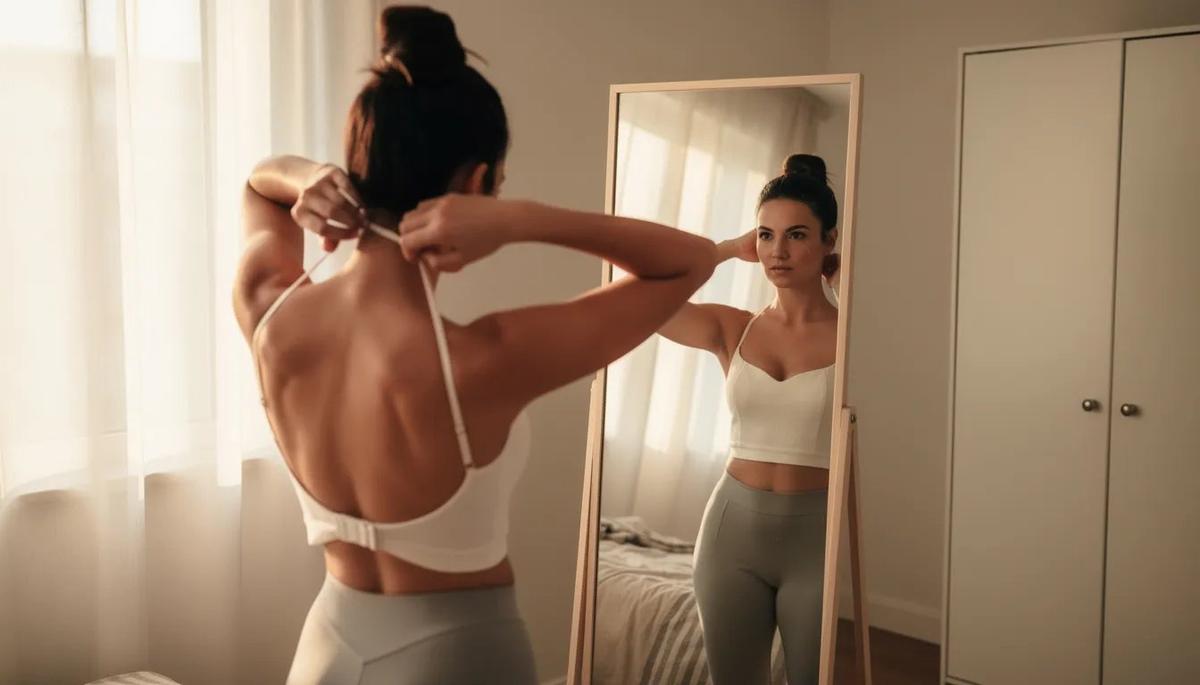A woman checking her bra fit in front of a mirror, adjusting her straps.