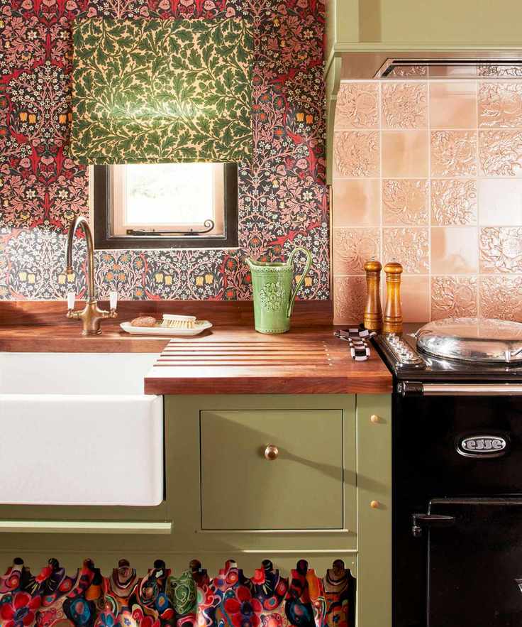 Vibrant kitchen with floral wallpaper