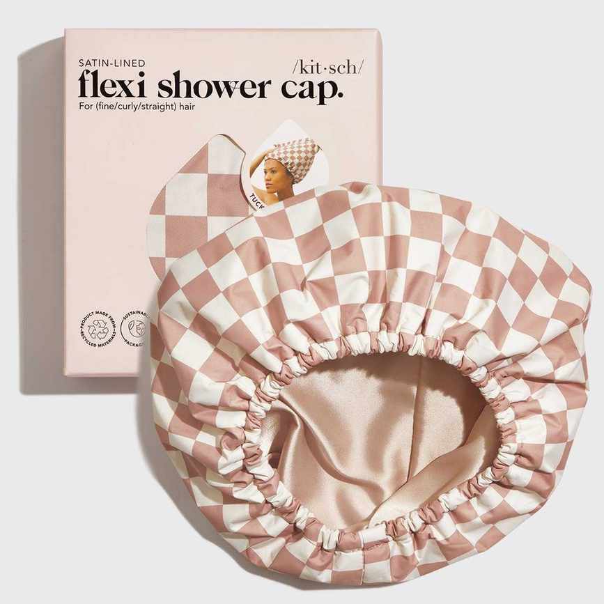 Terracotta Checker Satin Lined Flexi Shower Cap