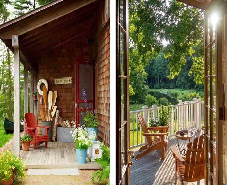 Front porches with wooden decking and adirondack chairs