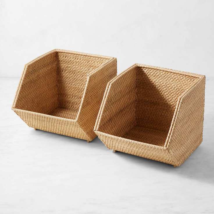 Open-front stackable rattan baskets