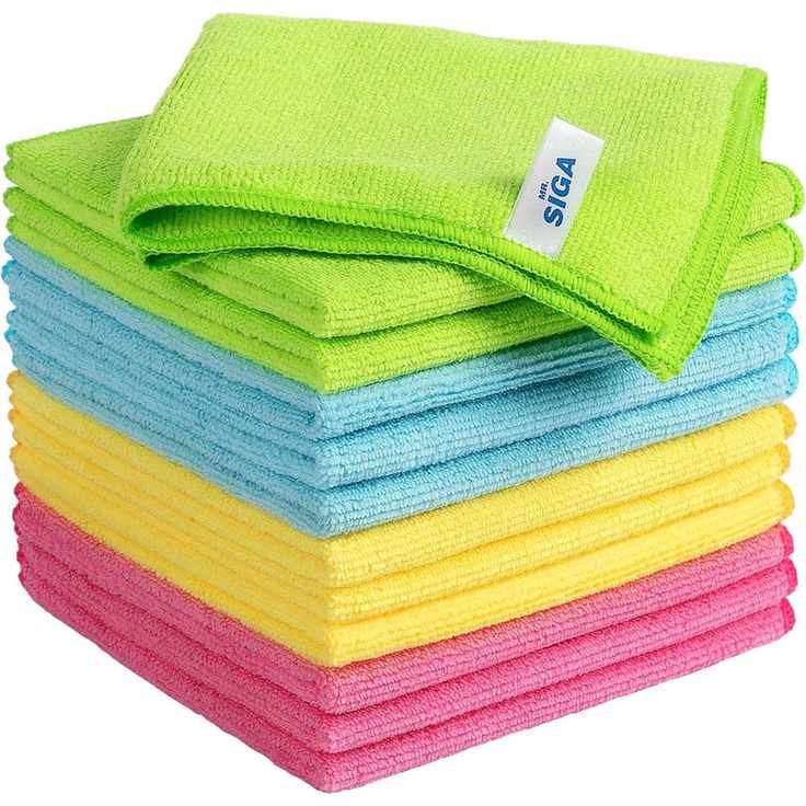 A stack of colorful microfiber cleaning cloths.