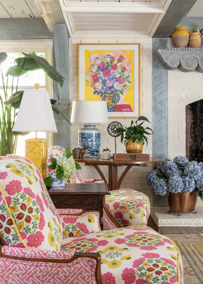 Colorful floral chairs in a stylish French room