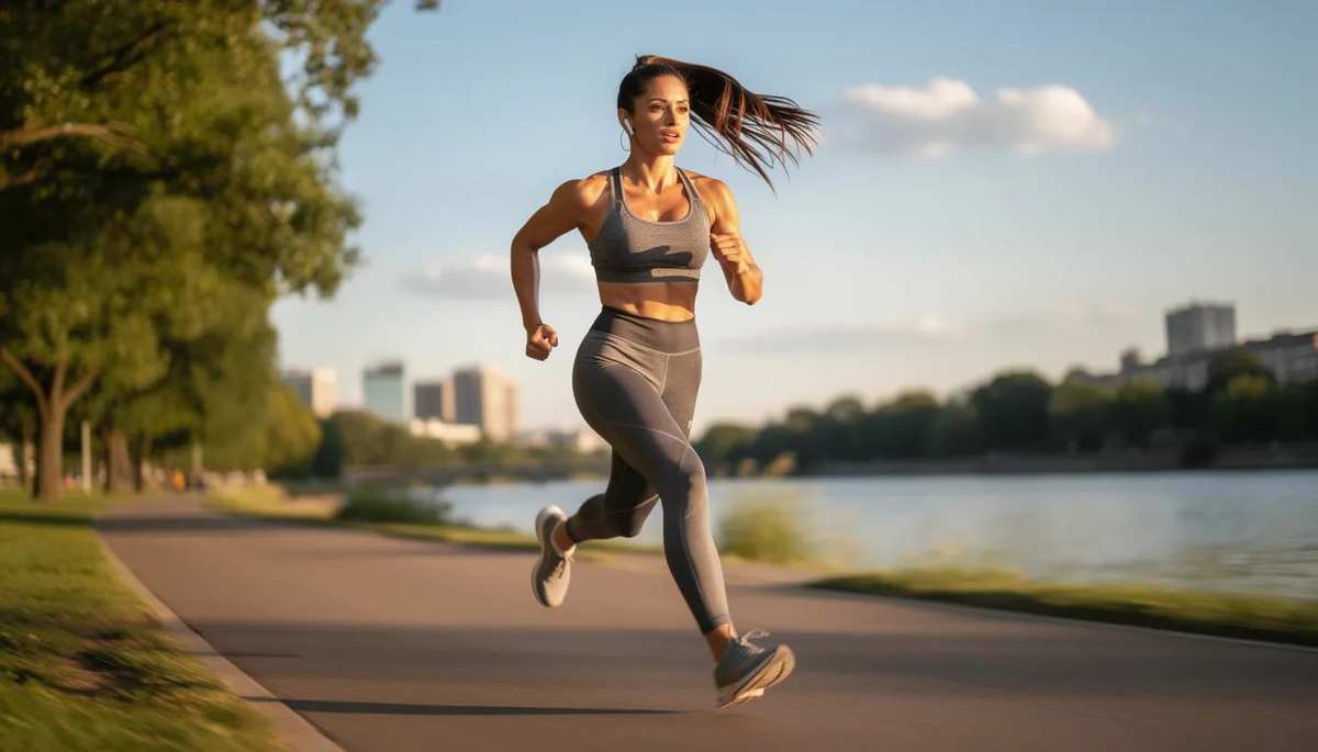 An athletic woman jogs outdoors, wearing a supportive sports bra that showcases her fit physique and C cup breasts. The scene captures her in motion, embodying strength against a natural backdrop.