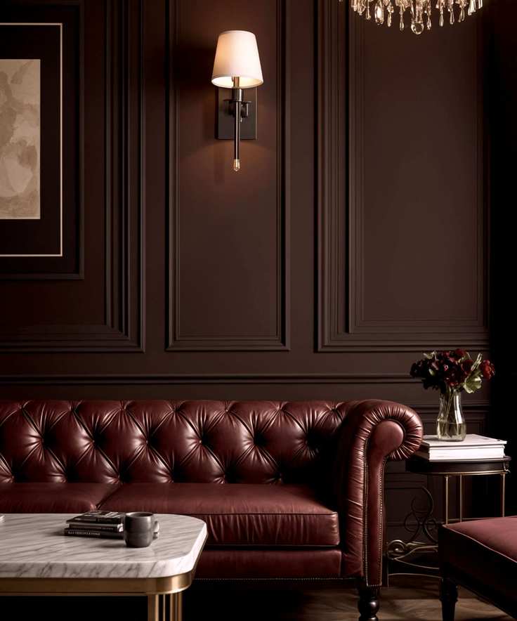 dark and moody living room with brown paneled walls, brown leather traditional sofa and marble coffee table