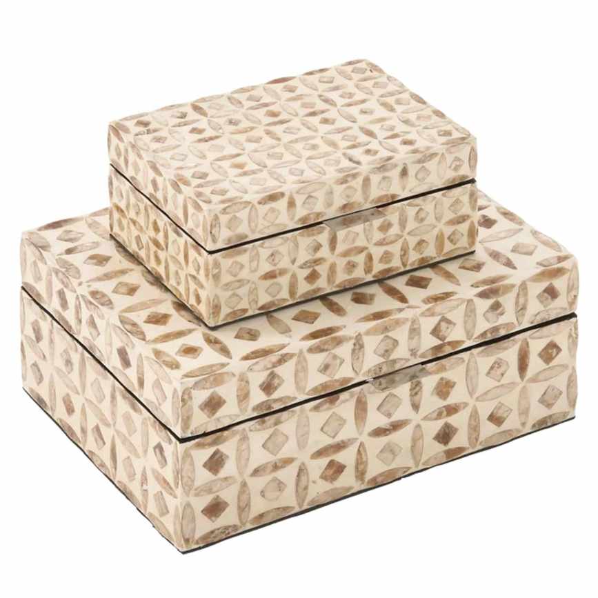 Two patterned beige storage boxes stacked