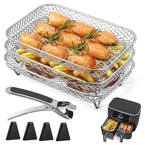 Kannino Air Fryer Rack for Ninja Dual Air Fryer 3pcs Layered Dehydrator Racks Stainless Steel Grilling Rack Rectangle Air Fryer Basket Tray With Clip and Heighten Feet Pad for Double Basket Air Fryers