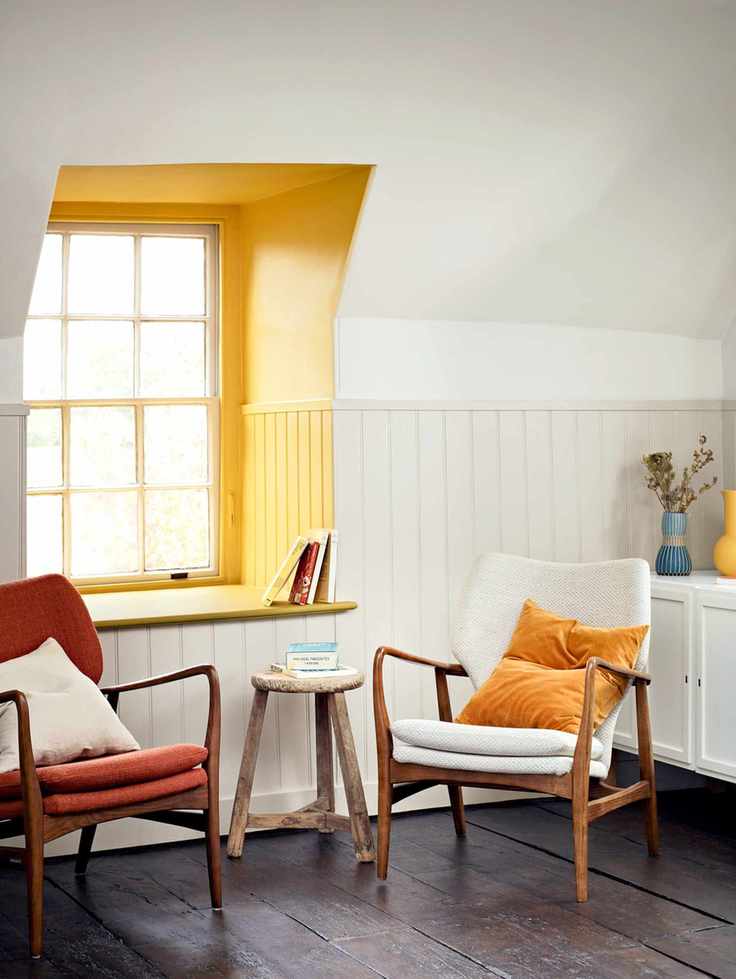 Living room with window alcove in Mustard Jar Breatheasy colored emulsion by Crown