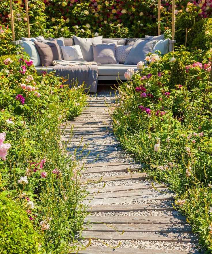 garden path leading to seating area