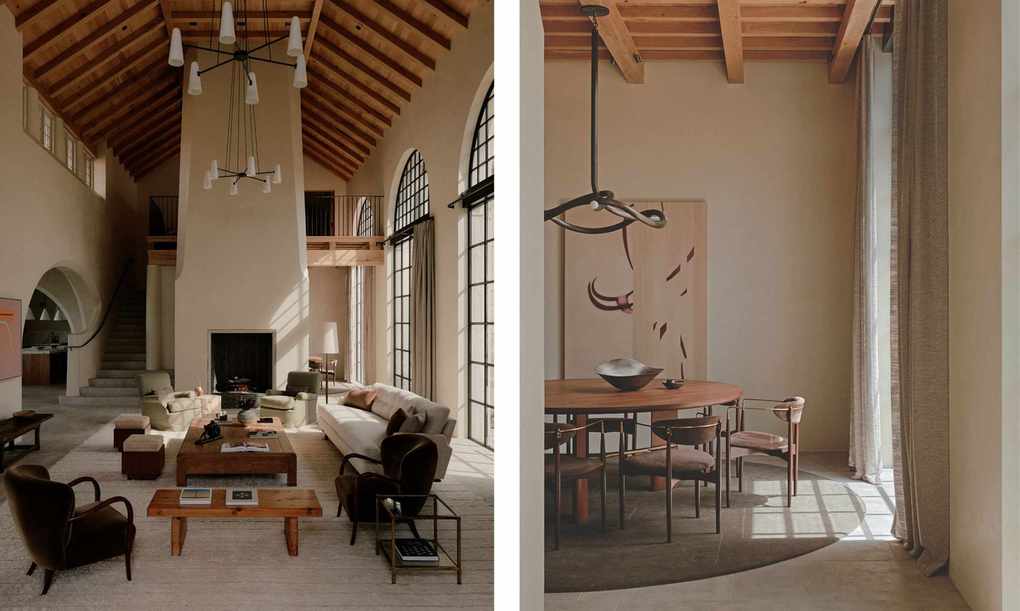 Left image: a large living room with tall wooden clad ceilings and a fireplace. The furniture is a mix of soft neutrals and wooden accents. Right image: A neutral dining room with wooden paneled ceiling and an oval wooden dining chair