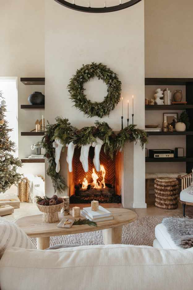 Holiday Decor 2023-Christmas Mantel with evergreen garland