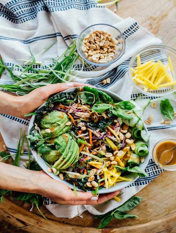 thai chicken salad in bowl mixed