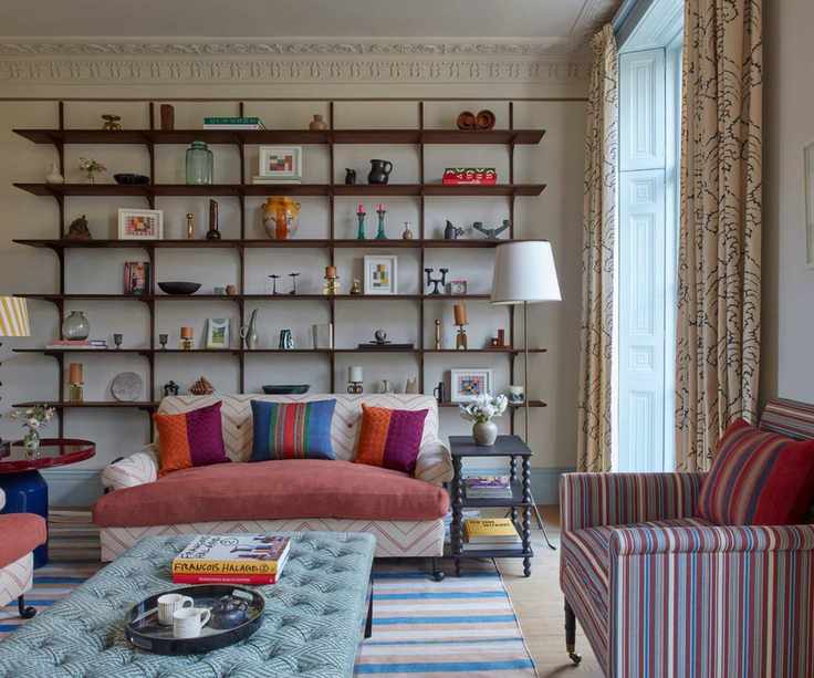Living room with wall of shelving