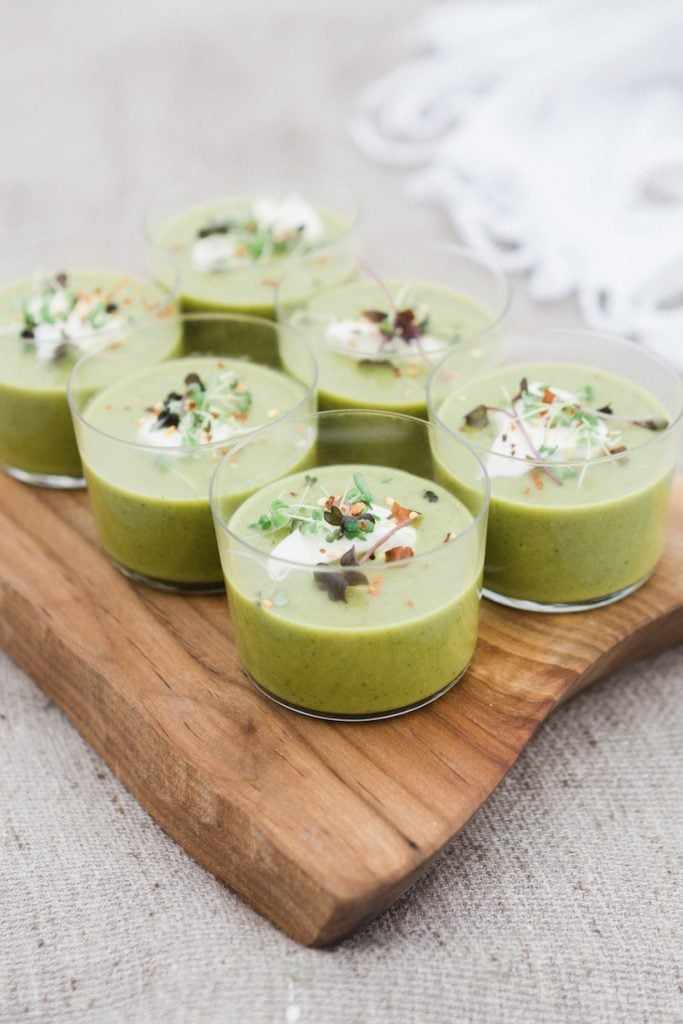 Chilled Pea Soup with Creme Fraiche and Micro Greens