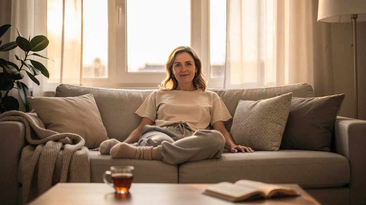 A woman is lounging at home in comfortable casual clothing, wearing high-waisted tailored cotton brief panties that provide full coverage and a perfect fit. She exudes a sense of relaxation and comfort, surrounded by a cozy atmosphere.