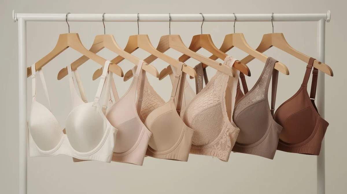A variety of supportive bras in neutral tones are displayed on hangers, showcasing different styles and sizes, including options for larger cup sizes. The bras emphasize proper fit with features like underwire and adjustable straps, ensuring comfort and support for women's bust sizes.