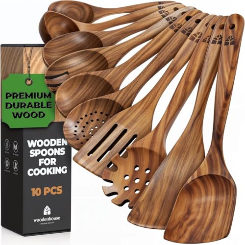 Wooden Spoons for Cooking &ndash; 10 Pc Teak Wood Utensil Set, Durable, Nonstick Safe &amp; Heat Resistant With Ergonomic Handles