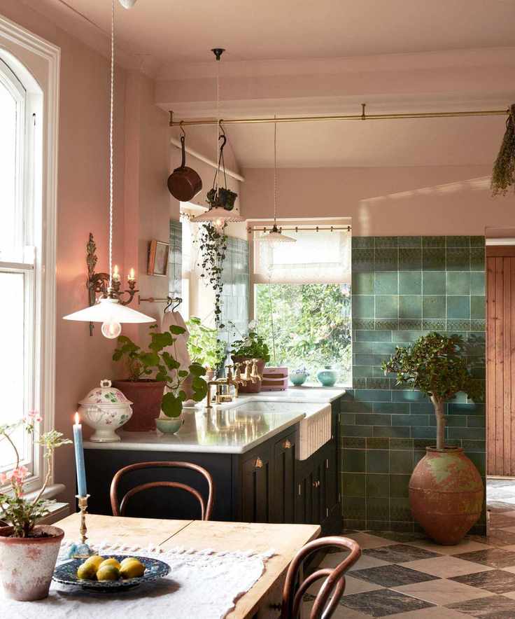 Pink and dark blue kitchen