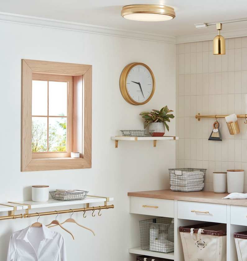 Laundry room with versatile shelving for storage.