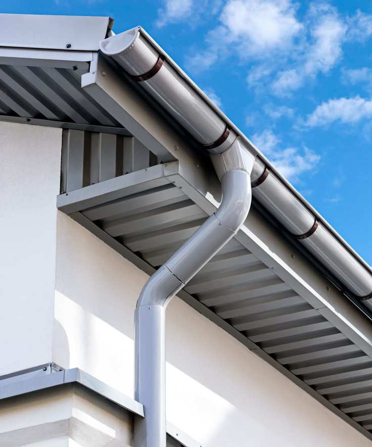 A close up of the underneath of a gray roof gutter against a white house and blue sky with puffs of white clouds