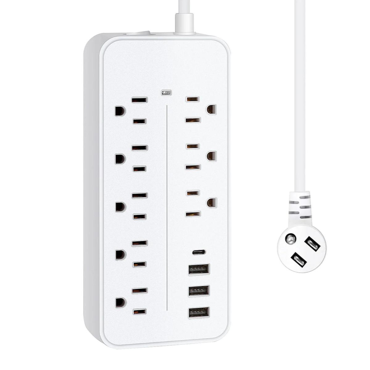A white power strip surge protector with plug sockets and USB ports