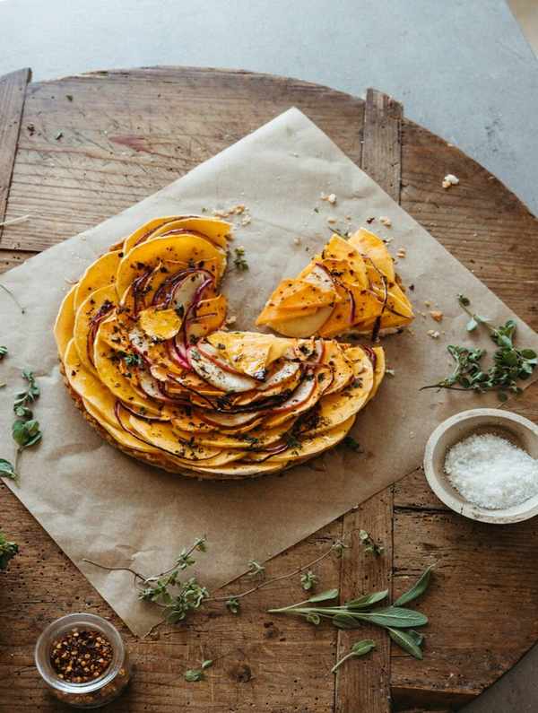 butternut squash and apple tart with ricotta, vegetarian thanksgiving main course