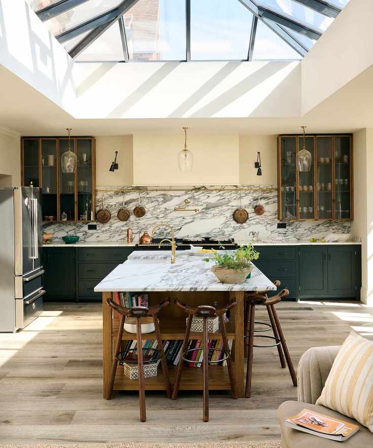 Mix and match kitchen with wood and glass cabinets