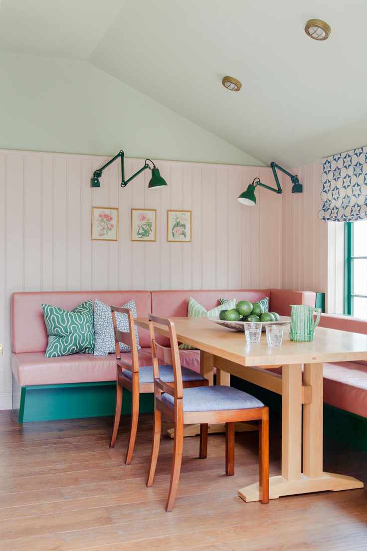 Pink and green built-in dining nook