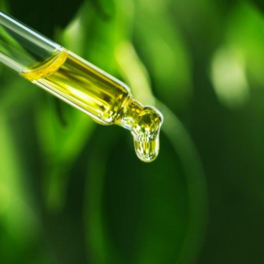 Image of skin care serum on a dropper depicting green tea as the main ingredient