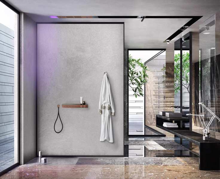 Grey stone wall shower, black marble sink shelf
