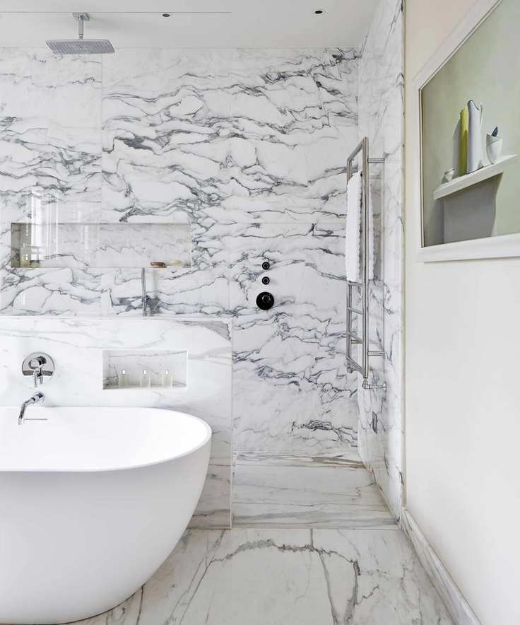 Walk-in shower illustrated with marble and a square waterfall shower head