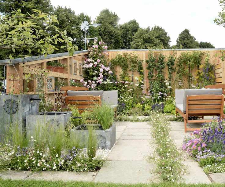 Garden designed to prevent flooding with permeable paving and water run off from roof