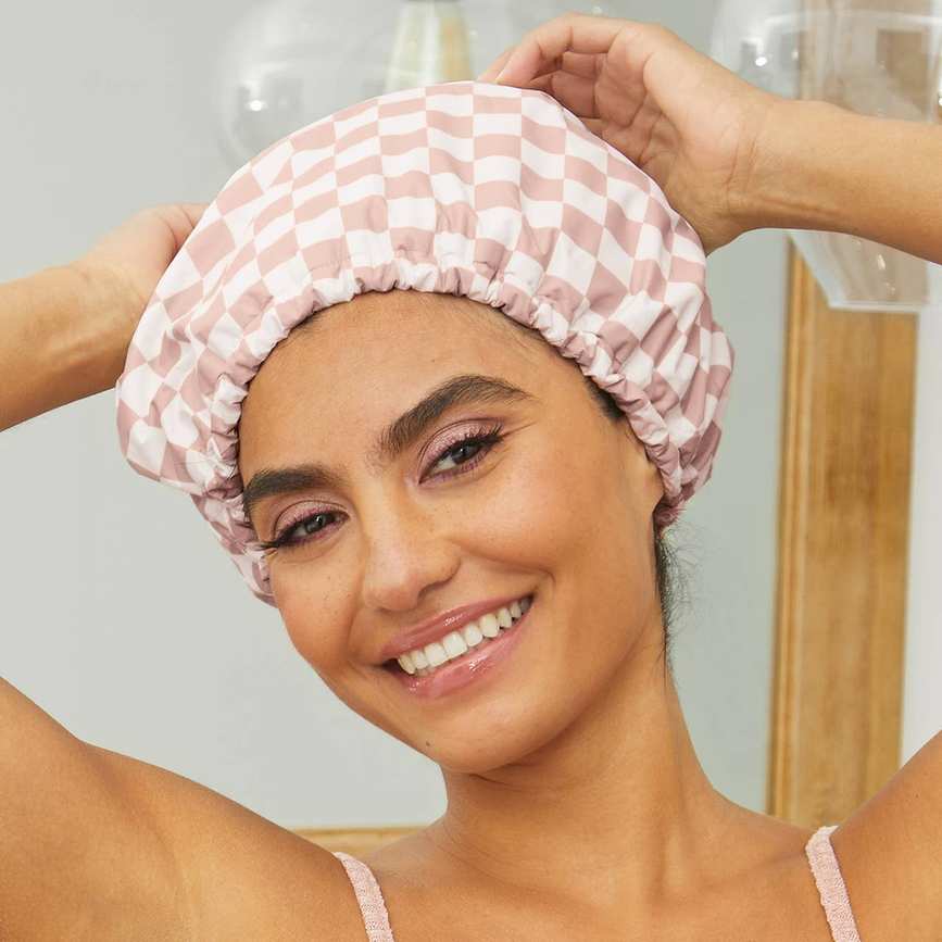 Terracotta Checker Satin Lined Flexi Shower Cap