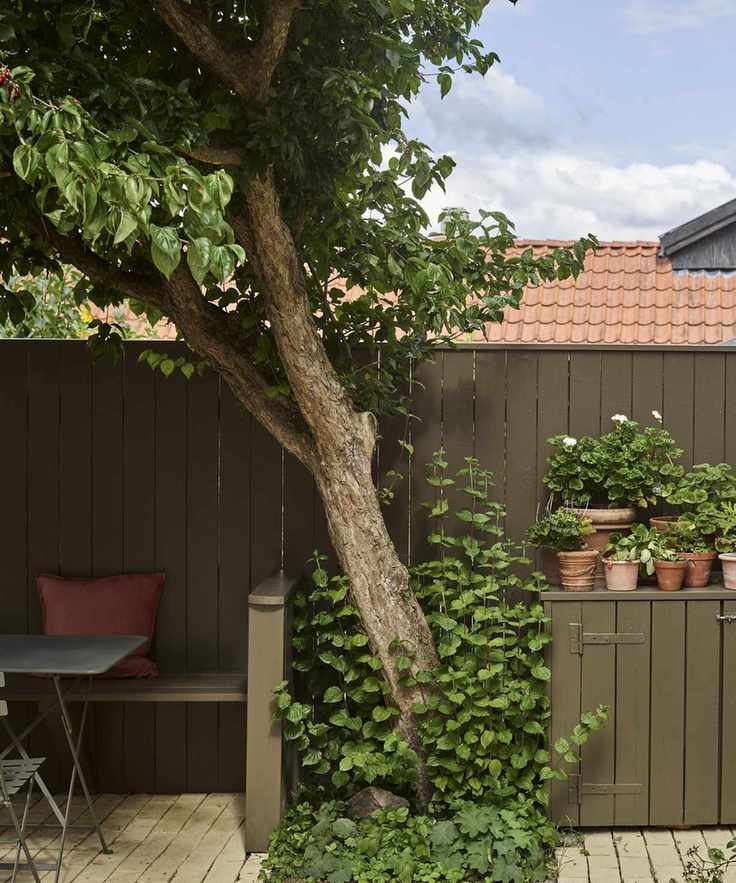 green painted fences in a small cottage garden