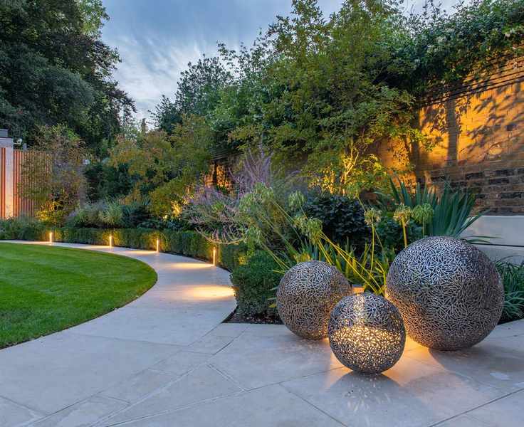 path, borders and lawn with lighting